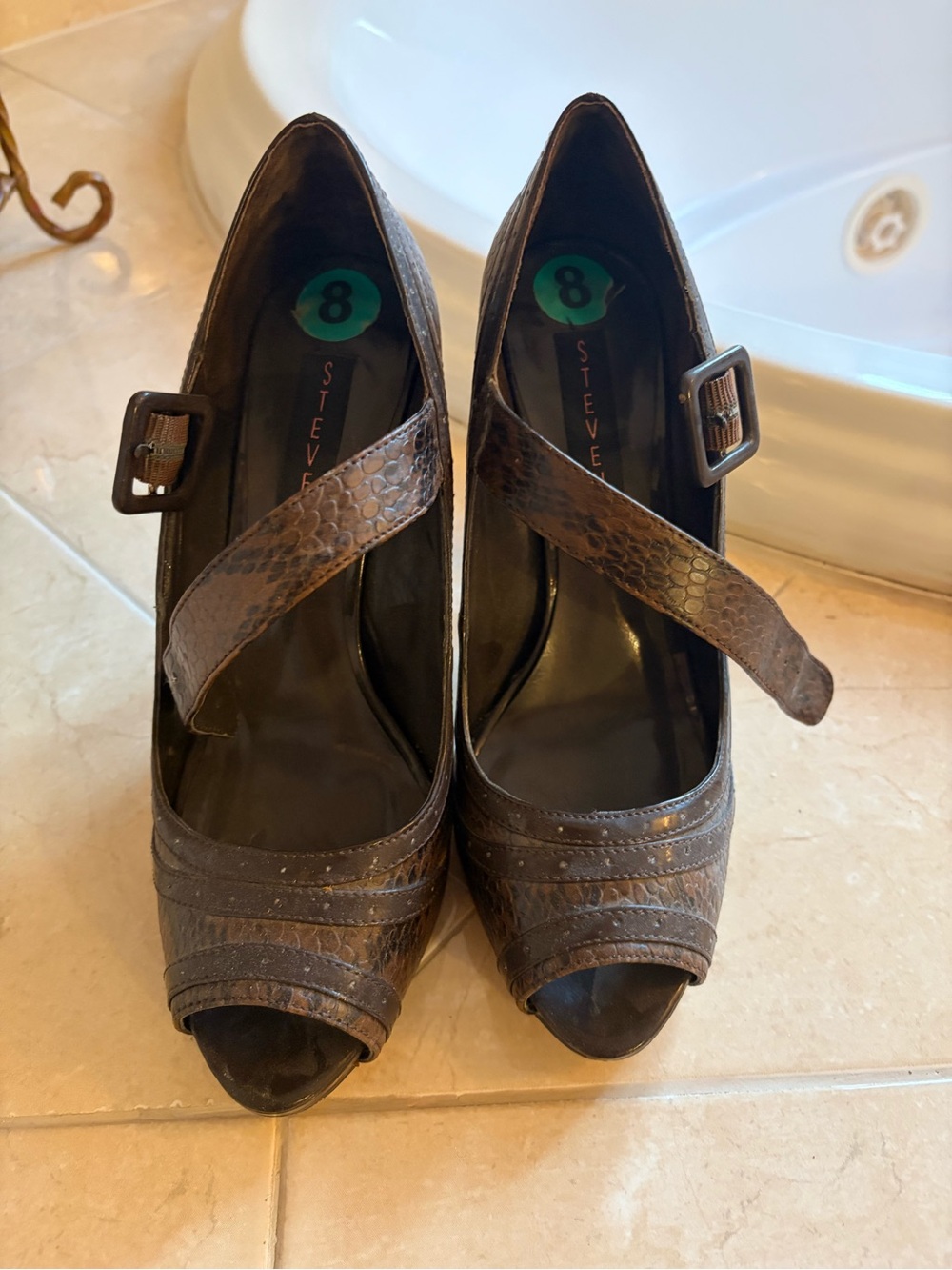 Steve Madden Brown Peep-Toe Heels with Buckle Strap